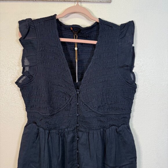 Quince Dress Organic Textured Cotton Smocked V-Neck Midi Blue Womens L - Picture 5 of 12